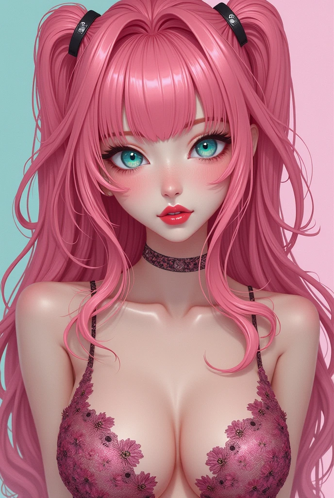 big detailed aqua eyes, pink hair, (aqua eyes), Official art, Unity 8k Wallpaper, Ultra-detail, Beautiful and aesthetic, masterpiece, Best Quality, 1girl, big tits, Extremely detailed, elegant, vivd color, romanticism, arms behind back, street fashion, shiny skin, sexy pose, ((pink background)), heavy blushing, upper body, straight on, (cleavage), perfect thighs, standing, casual, funky graphic design,