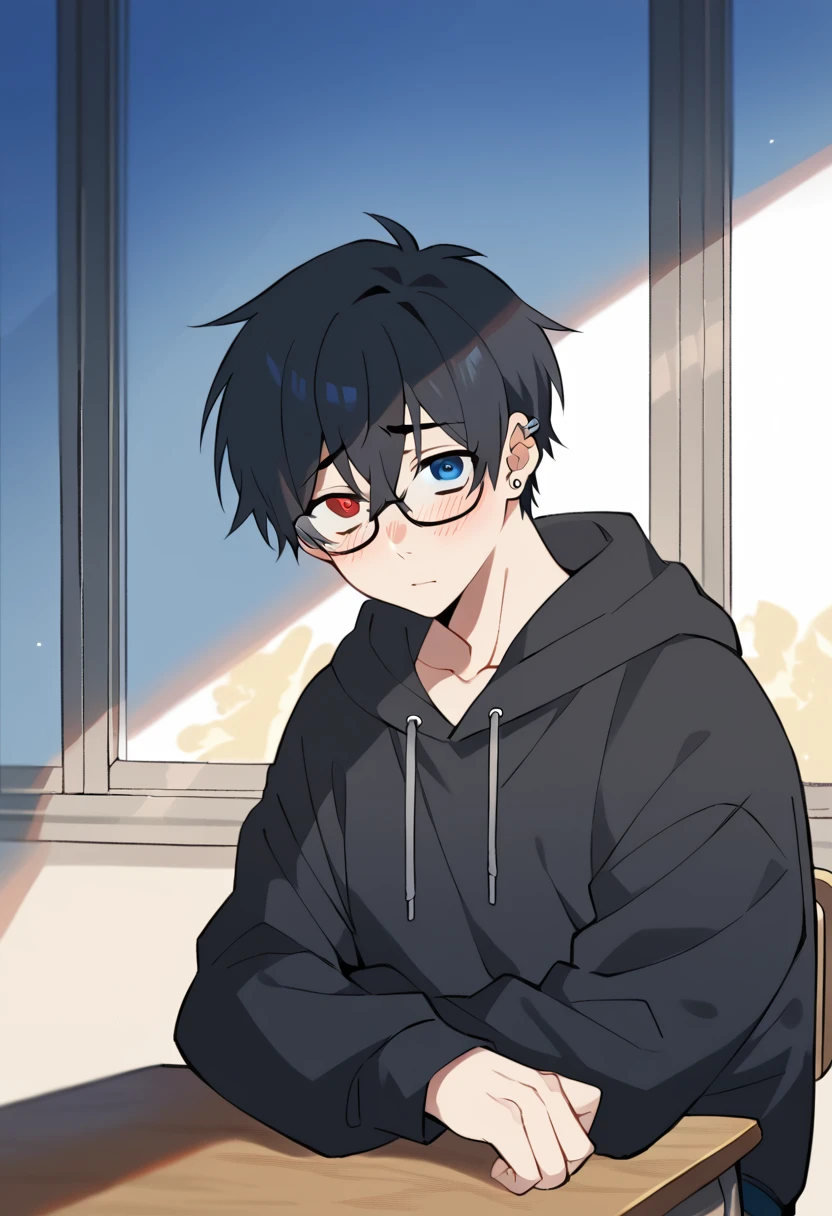 Shy young man, apparently an 1 teenager.
glasses, heterochromia (one red eye and one blue eye), Bblack hair, black sweatshirt, piercing., sitting at his school desk near the window, looking out the window absentmindedly 2D anime