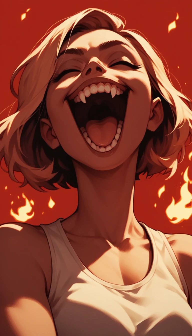 score_9, score_8_up, score_7_up, score_6_up, score_5_up, score_4_up, A cute evil girl laughing, sleeveless, front shot, flame at the background, dark red background