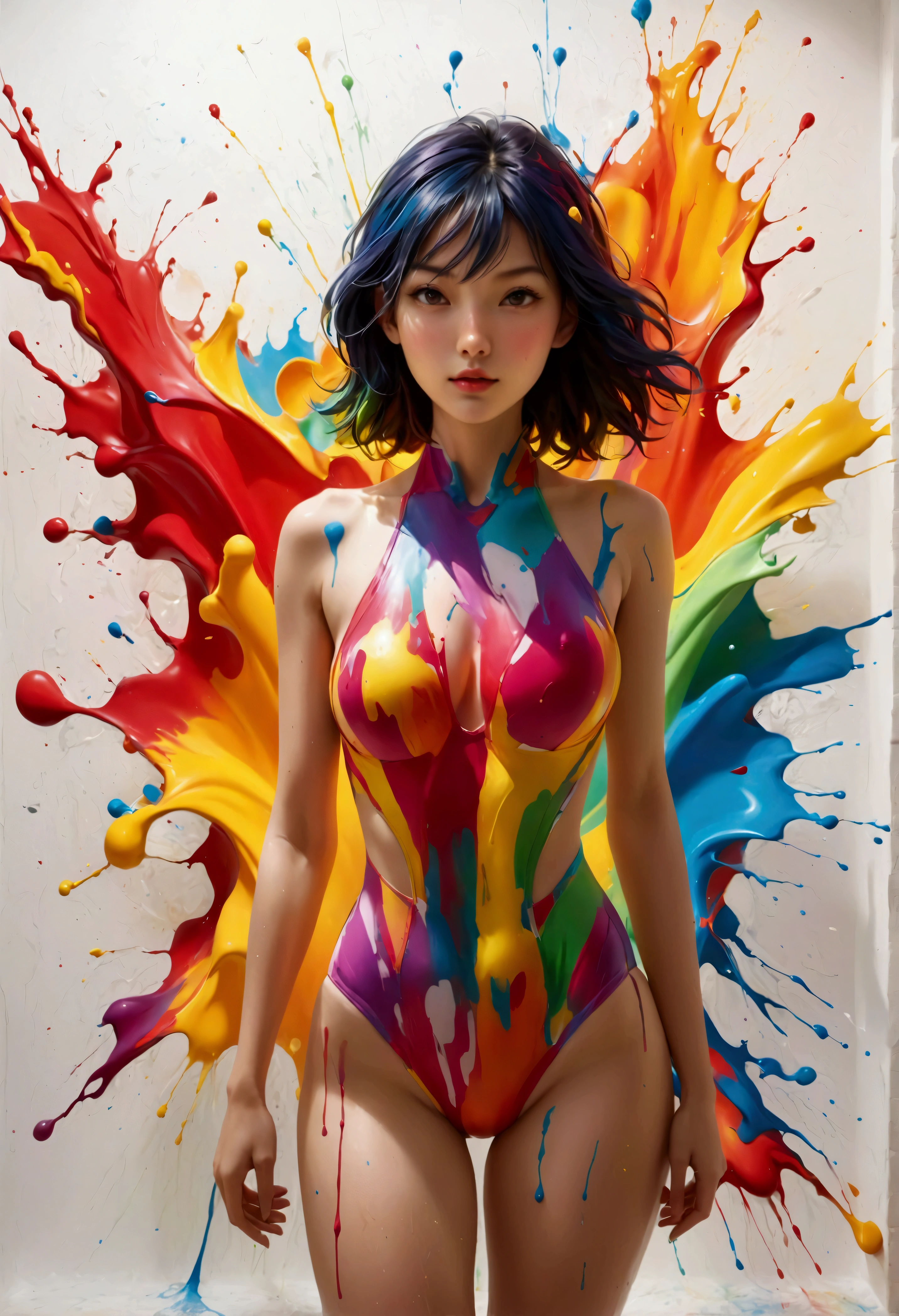 Create a masterpiece of digital visual delight featuring a beautiful female wearing a colorful one-piece swimsuit, standing in front of a white wall. A vibrant, explosive splash of paint radiates from the center of her swimsuit, seamlessly connecting the colorful explosion to the wall behind her. The burst of color originates from the center of her one-piece, with the vibrant reds, blues, yellows, and greens flowing outward in all directions, blending into the wall as if the explosion started from her swimsuit and spread onto the surrounding space.

The illusion should be striking, with the colors in her swimsuit perfectly aligned with the splash on the wall, creating a mesmerizing effect where the boundaries between the outfit and the wall blur. The detailed shading and vivid hues enhance the visual impact, giving the scene a dynamic, playful, and immersive quality. The composition celebrates the fusion of color and form, making the artwork bold and visually captivating.