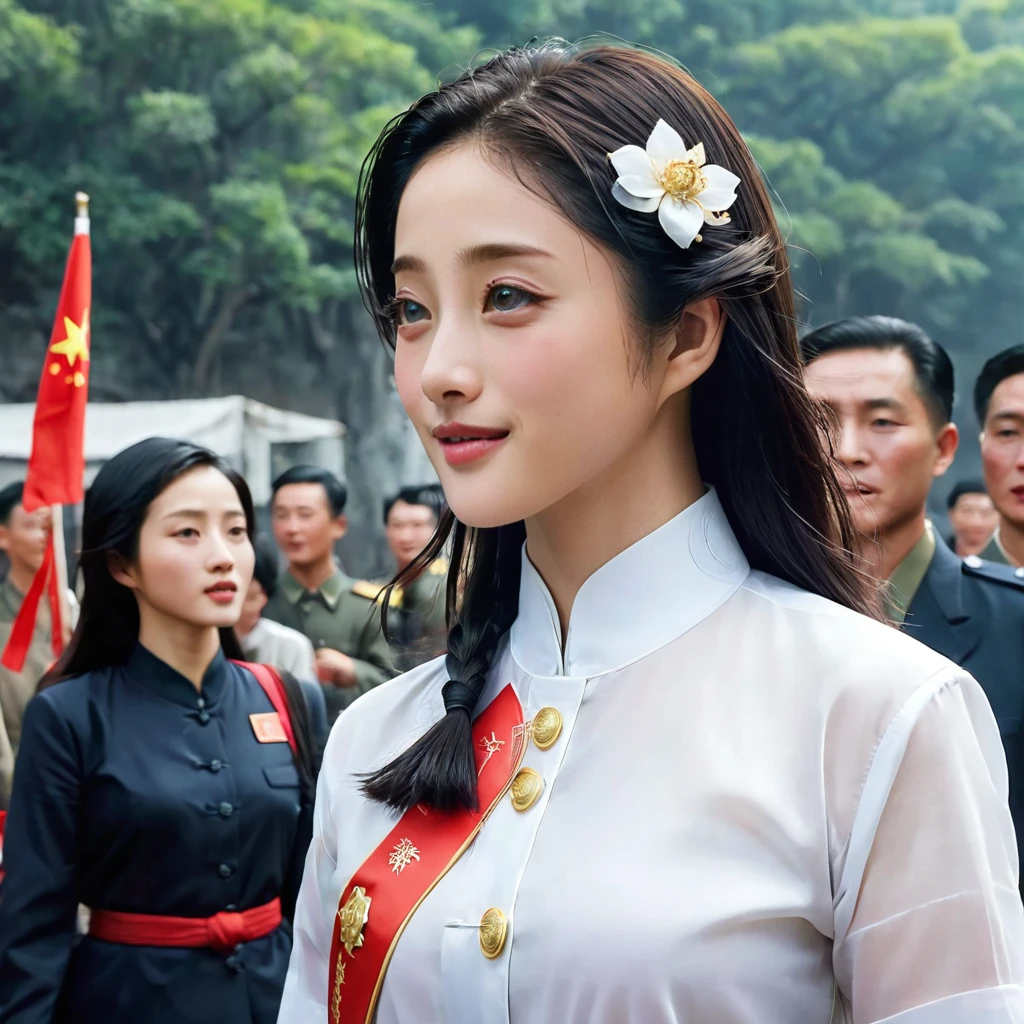 ((Highest quality)), ((masterpiece)), (detailed), （Perfect Face）、The woman is Satomi Ishihara, with black hair, wearing the uniform of a Chinese Communist Party member, becoming a Chinese Communist Party member, becoming a woman for China, and pledging loyalty to the country.、Women are proud to love China and serve China, and are proud to join the ranks of honorable patriots who stand united and proudly march forward for the greatness of China.、The woman is smiling gently