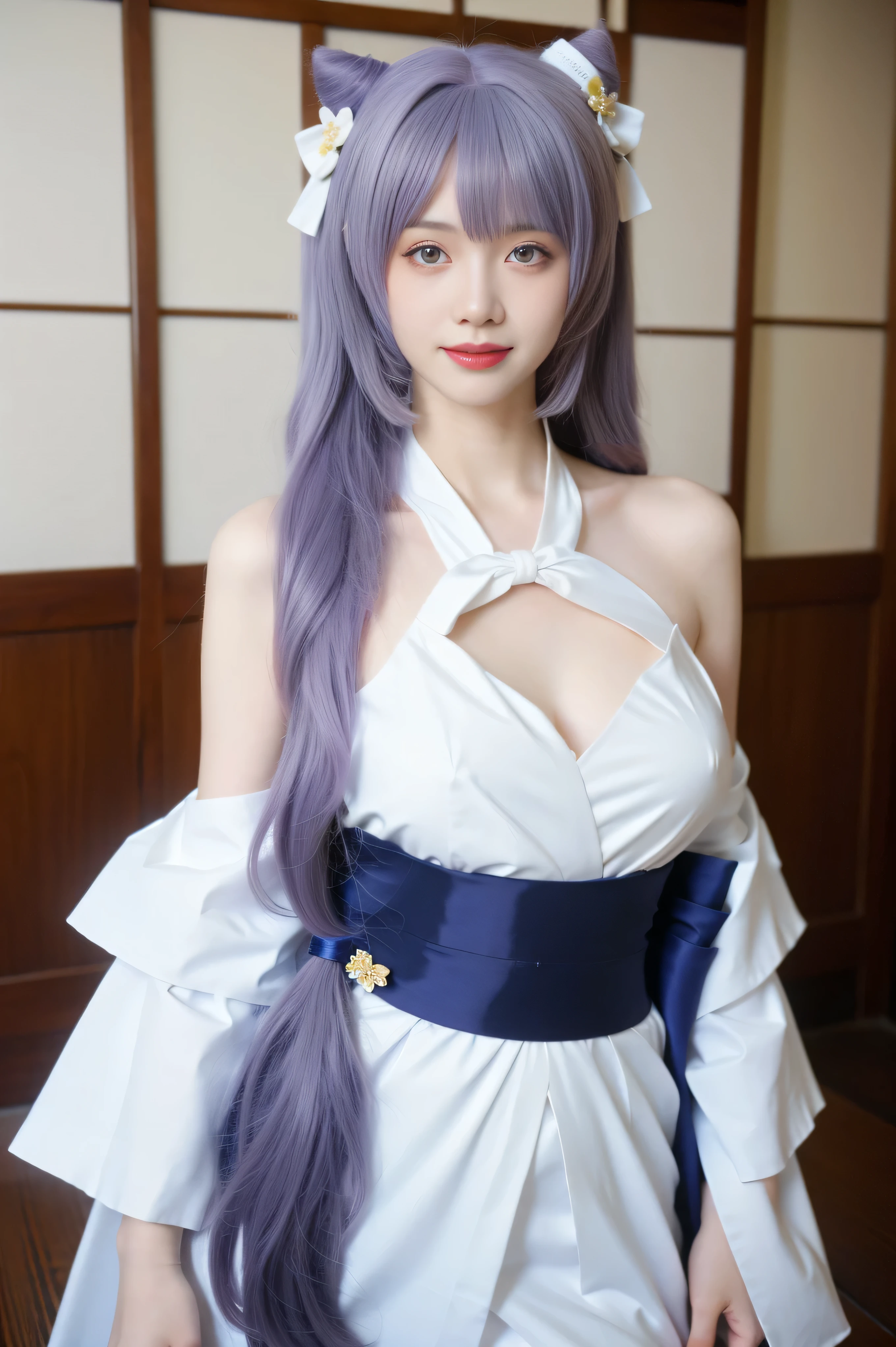 (Highest quality:1.4), High resolution, masterpiece,, One girl,, Light purple hair, Purple eyes, (Kemomimi), Medium chest, Naked thin thighs,, hair ornaments, (red|White Japanese shrine maiden outfit), Removable sleeves,, red面,, lanthanum, shrine,, Detailed face,