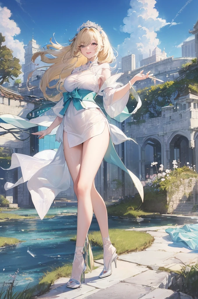Best Quality, Single, Full Body, 8K, Blonde, Twin Tails, White Costume, Beautiful Face, Fantasy, Outside, Japan, Girl, Animation --auto --s2