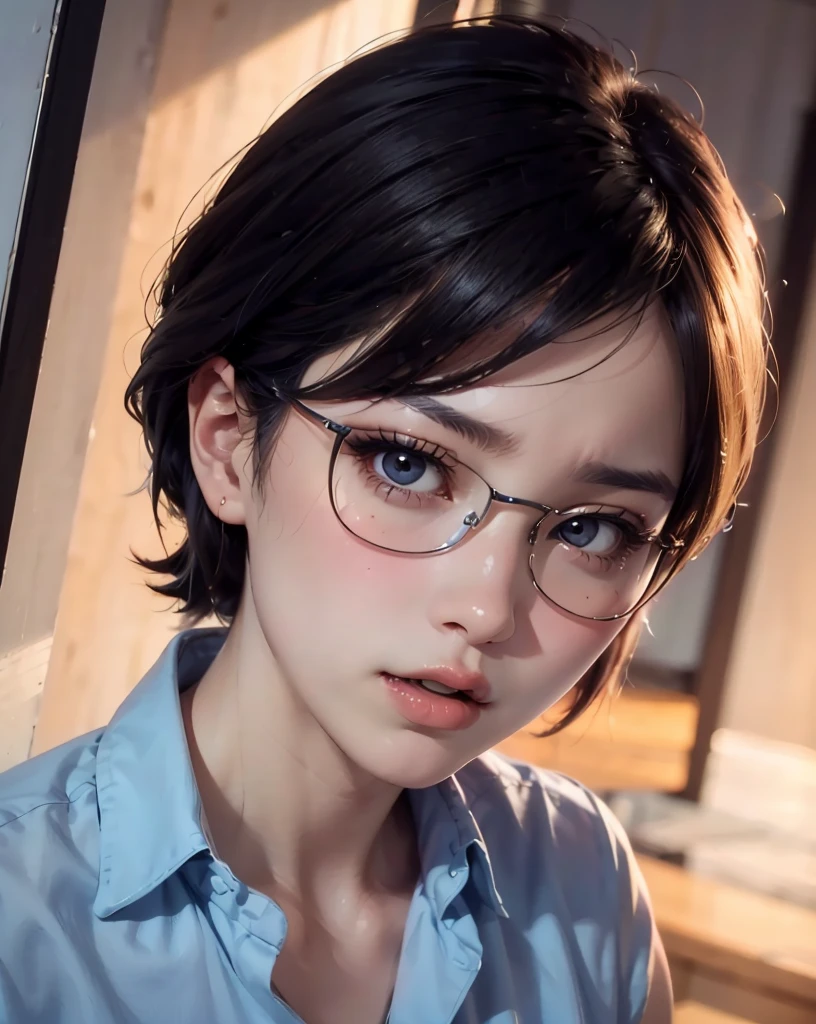JAV Cover、A MILF、Detailed upper body close-up、Blonde Female Teacher、fullnude、a pixie cut、flat chest、Badly torn shirt、Slender figure、eye glass、Sad look、is crying、Female teacher is attacked、Blue eyes、Top resolution、​masterpiece、Hi-Res