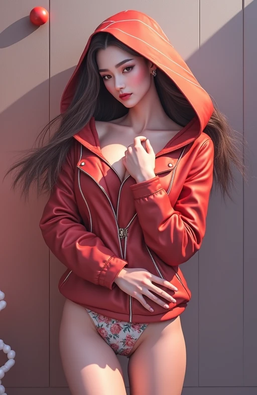 ((nude))、Cybernetic woman, A perfectly sculpted whole body, Realistic, (large and perfect breasts), Neckline, 3d, Wearing a hood and cape on his head, Red visor on right eye, anime style 3d, ultra Realistic, High resolution,  