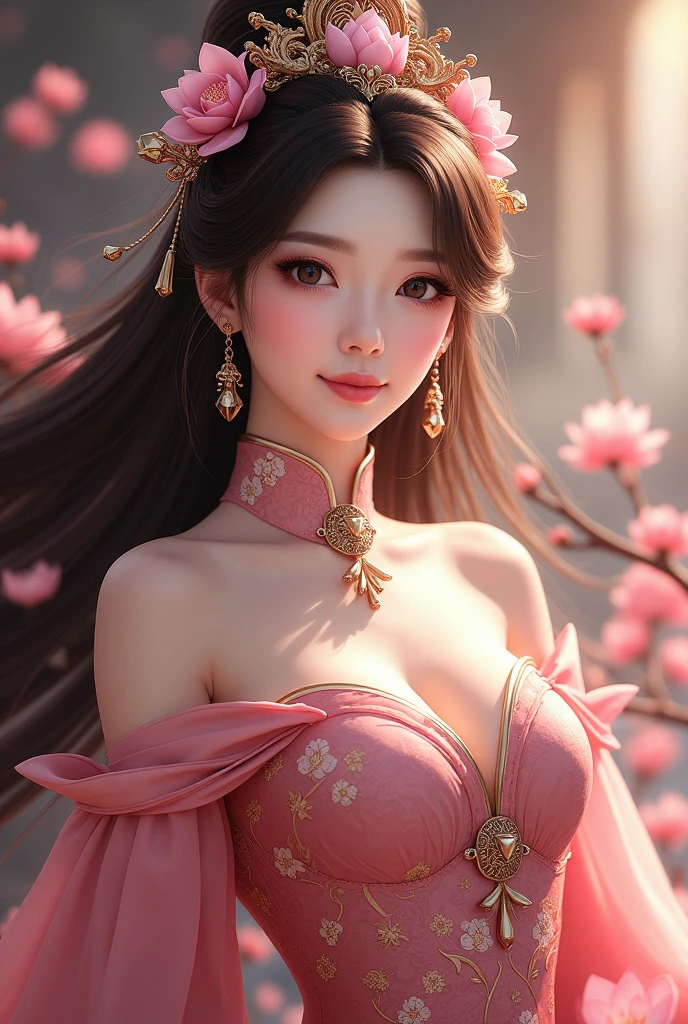 (masterpiece,Highest quality:1.4),(8k,RAW Photos,Photorealistic:1.4),Ultra-high resolution, ,(Glowing Skin:1.4),Detailed肌,Detailed顔,Detailed目,(Beautiful and shining eyes:1.2),Symmetrical eyes,Detailed耳,One person,Natural Makeup,(((Japanese Idols))),(Japanese Face),Detailed背景,Vivid background,、Peach Blossom Garden、Fairy、Beautiful and shiny hair,,((Average teenage breasts)),Ultimate cuteness,(Detailed Female Hermit、Golden, sheer, fantastical costume、ancient chinese movies),,((Sharp Face)),Natural light,,(Very detailed ,Trend design for 2024,online shopping,LUMINE® Market,),Emphasized breasts,Upper Body,,(Detailed,Location was great.),,、Green Eyes、Sexy Style
