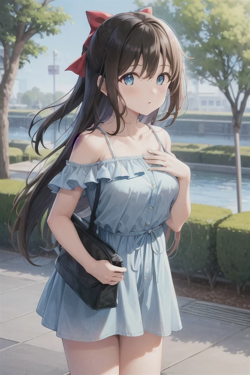 One Girl, Black Hair，length，Straight hair，Red hair ribbon，blue eyes，Shizuku Sakurazaka，cute，noon，Outdoor，Light blue camisole dress，blush，Standing posture