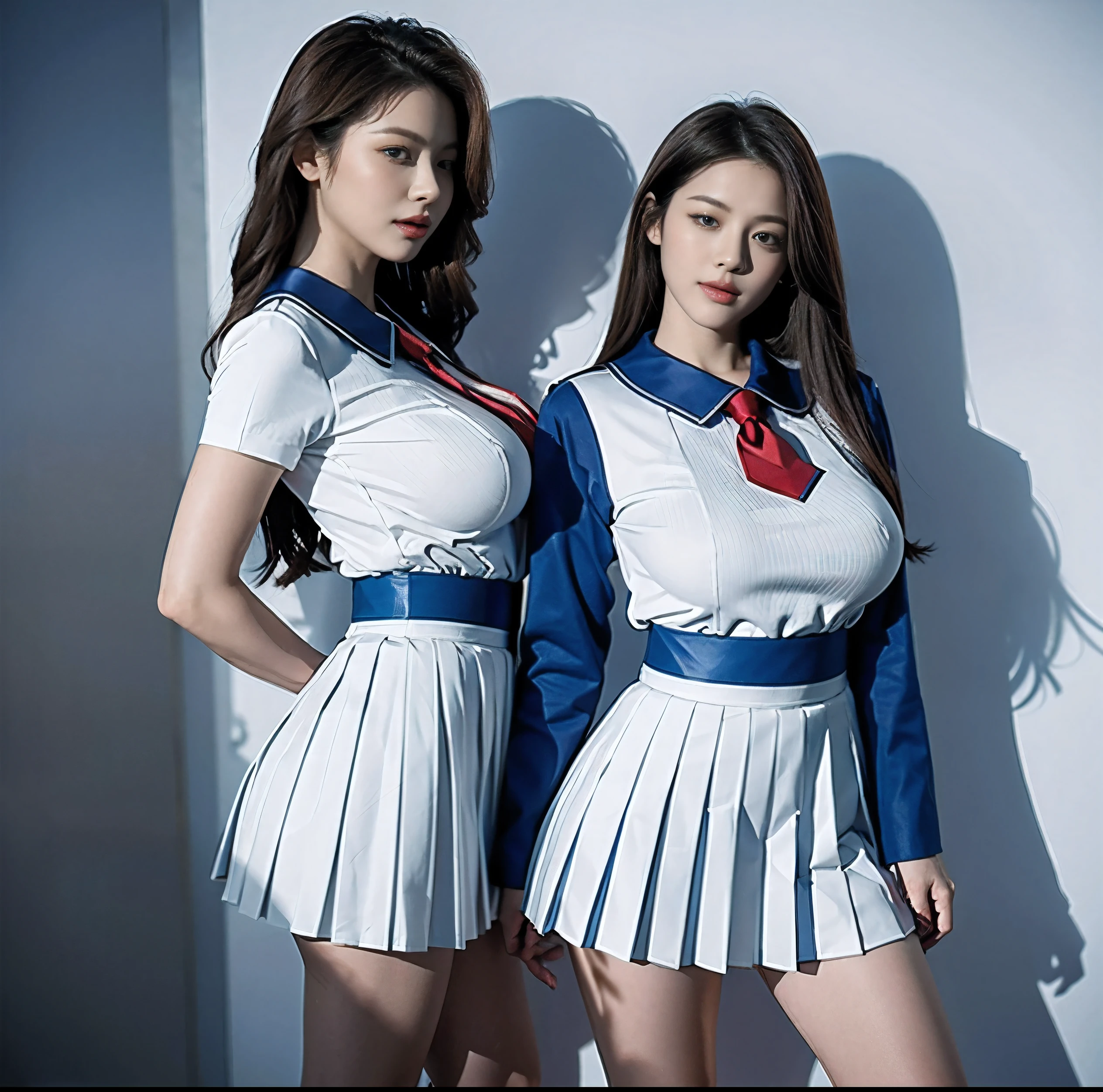 8K quality, Masterpiece, Bright lighting without shadows, Two busty women standing side by side, (Her clothes are stretched tight because of the size of her huge breasts:1.2), Whitening skin, Sparkling Blue Eyes, (Traditional uniform with crimson sailor collar), (Pleated mini skirt), Above the knee, A posture that emphasizes her huge breasts, Breast Grab, Eyes closed and mouth open, Small waist, Hourglass-like figure, Wide ass,