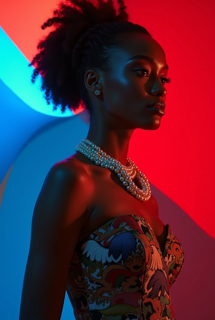 4D portrait of a full body image of a Black woman dressed in African designed clothes with neon lit glowing red and blue dice floating around her, with red and blue dice lighting the scene, dim lit scene with only the red and blue dice shining in the scene, standing model pose in a dice designed cube room, Oil Painting, 3/4 Profile view, gorgeous African designed pearl necklace, Luxurious fabrics, detailed embroidery, Moody chiaroscuro lighting, hight resolution