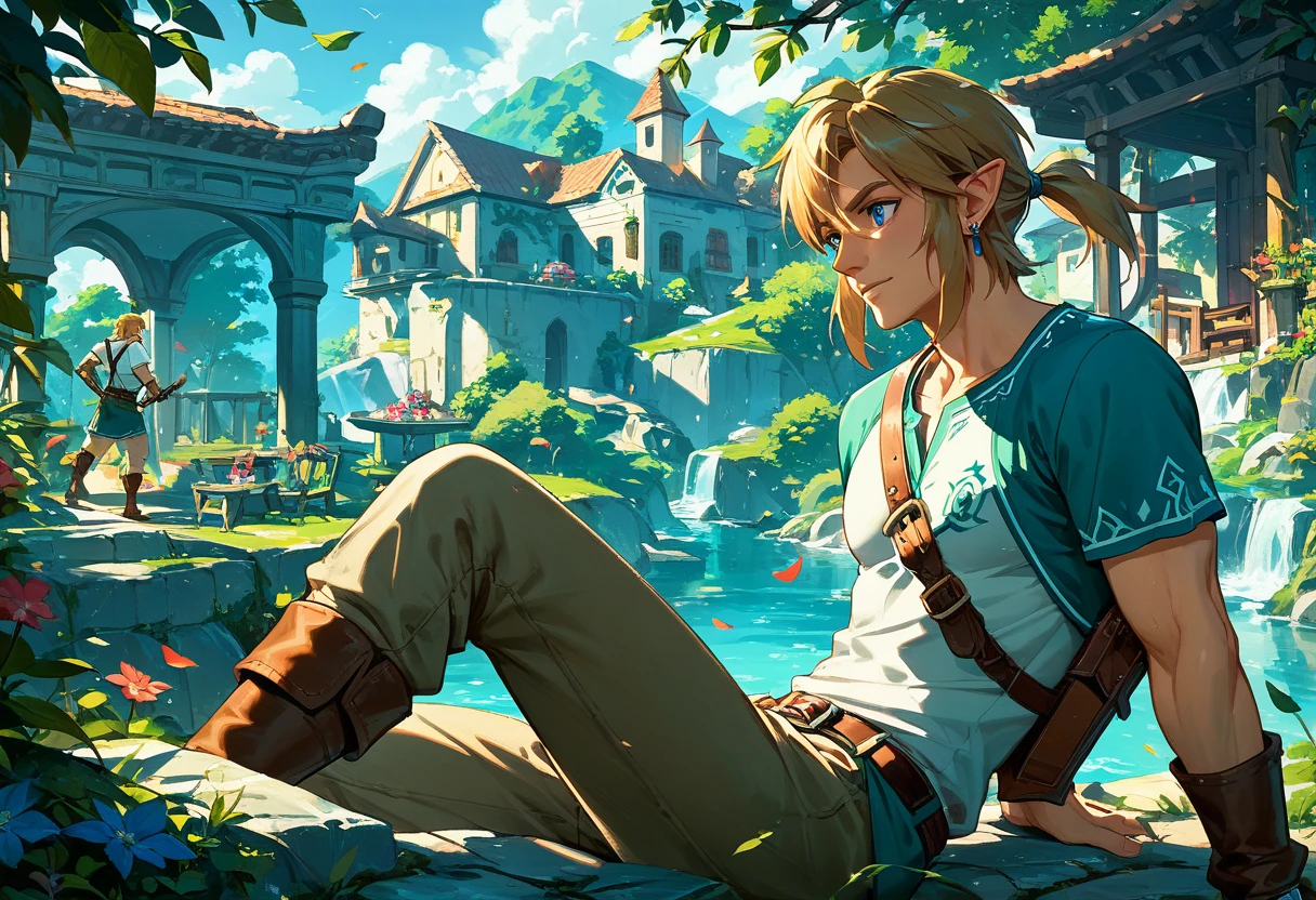 Link&#39;s erect penis、Adult Link and Zelda embrace each other naked、Rape、Saliva、Blonde、Bright green eyes, The Legend of Zelda, Pointed Ears, Detailed and beautiful realistic face、rain、forest