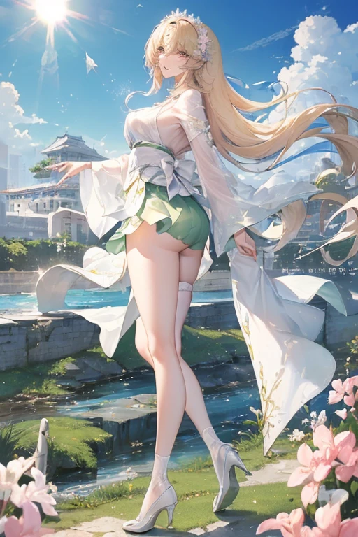 ,,elf woman, fantasy style, blonde hair, long straight hair, bangs, sky blue eyes, (white cloth,) blue cloth, bare shoulders, under the bust, thin abdomen, behind she wears white panties, which squeeze her buttocks, breasts giant, loincloth, pointed ears, shows her butt, good figure, Japanese version, exposing her buttocks much more in the movements where they are visible.Crotch-length kimono, White color with colorful flowers, revealing clothing, breasts, seductive, facing viewer, looking at viewer, afrobull, white panties, from behind, ass, looking back