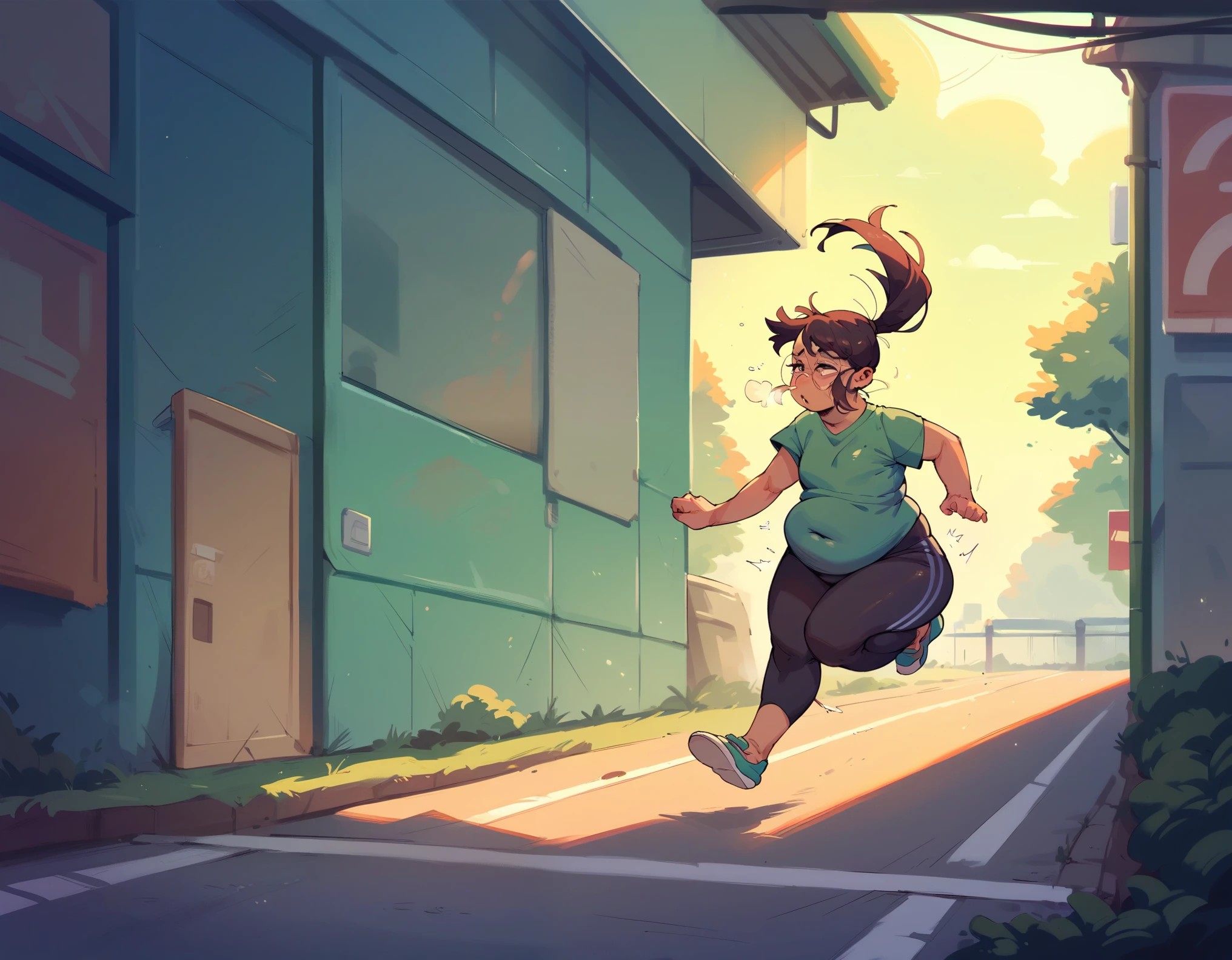 One woman, asian woman, tight black leggings, tight olive green t shirt, round glasses, running and out of breath, early morning light, parking lot, ponytail, chubby, bouncing fat, motion lines, chubby face, (small chest)