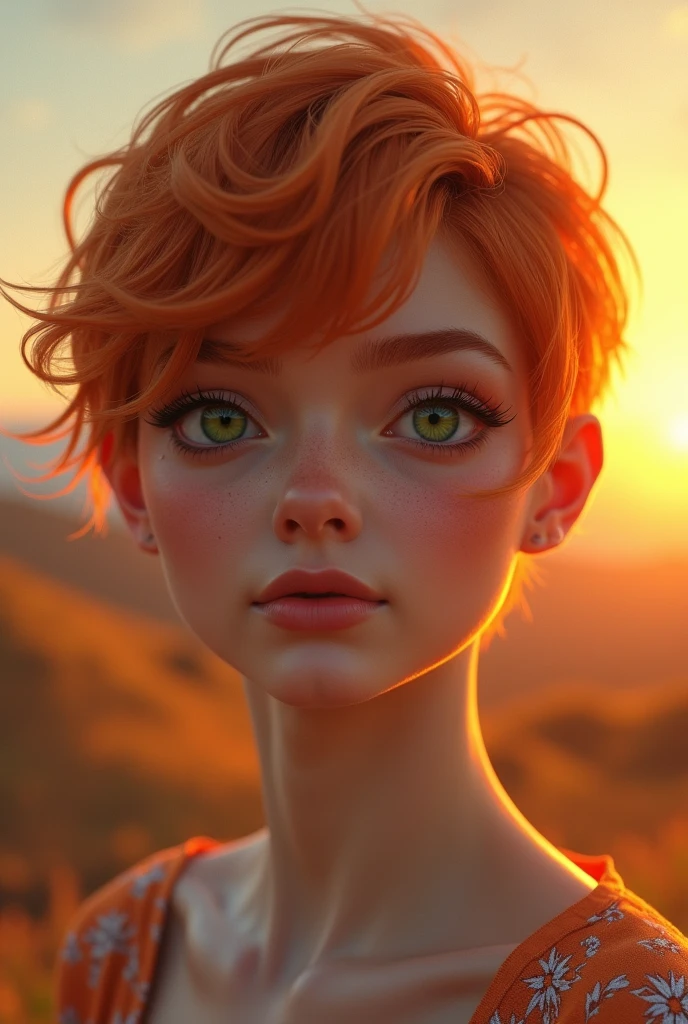 Red haired boy, that even looked blond in the light of the setting sun, with moss-green eyes. She had light olive skin and freckles on her shoulders., face and even neck