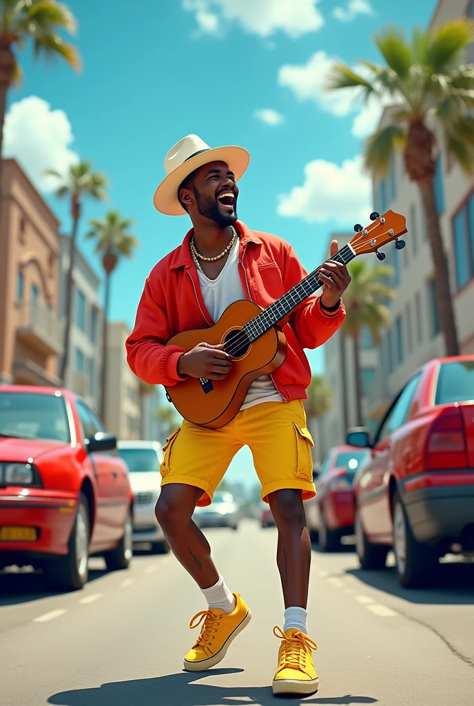 A man wearing a white hat, red jacket, yellow shorts and yellow sneakers singing and playing the ukulele in a corner of a parking lot。