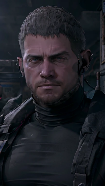 Dark gothic village in the background, old Chris Redfield from Resident Evil 8, 48, muscular male, tall and hunk, black cold turtleneck, straps, earpiece, beard, rugged face, little smirk, video games style, high resolution:1.2, best quality, masterpiece, dark nightime, daylight, volumetric lighting, shading, straight portrait, face close up, looking at viewer