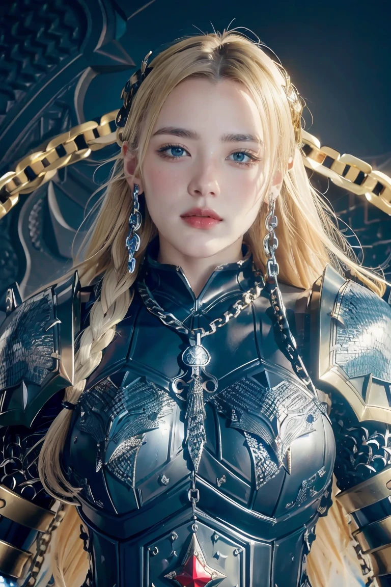 (masterpiece, best quality),  intricate details, 8k, artstation, wallpaper, official art, splash art, sharp focus,
1girl,  solo,  Aasimar \(Dungeon and Dragon setting\), black hair with blond at the highlight, bright blue left eye, and red right eye, ear pierces
,(Chain mail with Anvil emblem on it:1.3), ,wearing [armor|dress], 