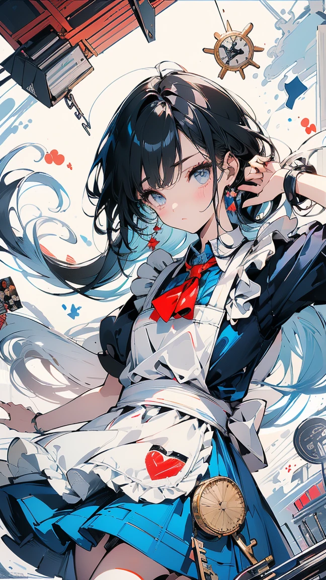 (master piece, high-quality, Mystical, ideal ratio of body proportions), (ultra high resolution, 8K RAW photo, photorealistics, natural lighting, textile shading), wideshot photo:1.6, (1 beautiful anime girl:1.3, , solo:1.5, milf:1.5, nsfw:1.25, full body:1.3), shinny skin, BREAK, ((alice in the wonderland:1.3, cuty, kawaii, lovely, funny, a girl falling down from sky:1.5, flying girl in sky:1.5, girl is floating in air:1.1, rolling up skirt by wind:1.5, (shamed:1.3), surprising, putting hands on crotch with apron:1.35)), BREAK, ((PlayingCards, Trump, tea cup, tea pot, tea spoons, small clock:1.3, lip sticks, candies:1.2, cookies, jam bottles, keys)), ((Royal-Blue dress :1.5, wearing long flaired skirt with blowing:1.3, White Apron, white stockings)), (medium long platinum-blonde hair:1.2, twin tail hair:1.6, tied hair with a large ribbon), (Blue eyes, bright pupils with highlights, detailed eyes), (lying down on your back:1.4, leaning forward:1.2, spreading legs with rising up straight:1.5), ((dutch angle:1.5, full body:1.3, crotch focus:1.3, from below:1.5, unbalance posture)), cinematic image, Exotic wallpapers, colorful, pop art, fantastic art, (fantasy image:1.5), ((correct anatomy:1.5, perfect anatomy:1.3, correct hand, small foot:1.2)),