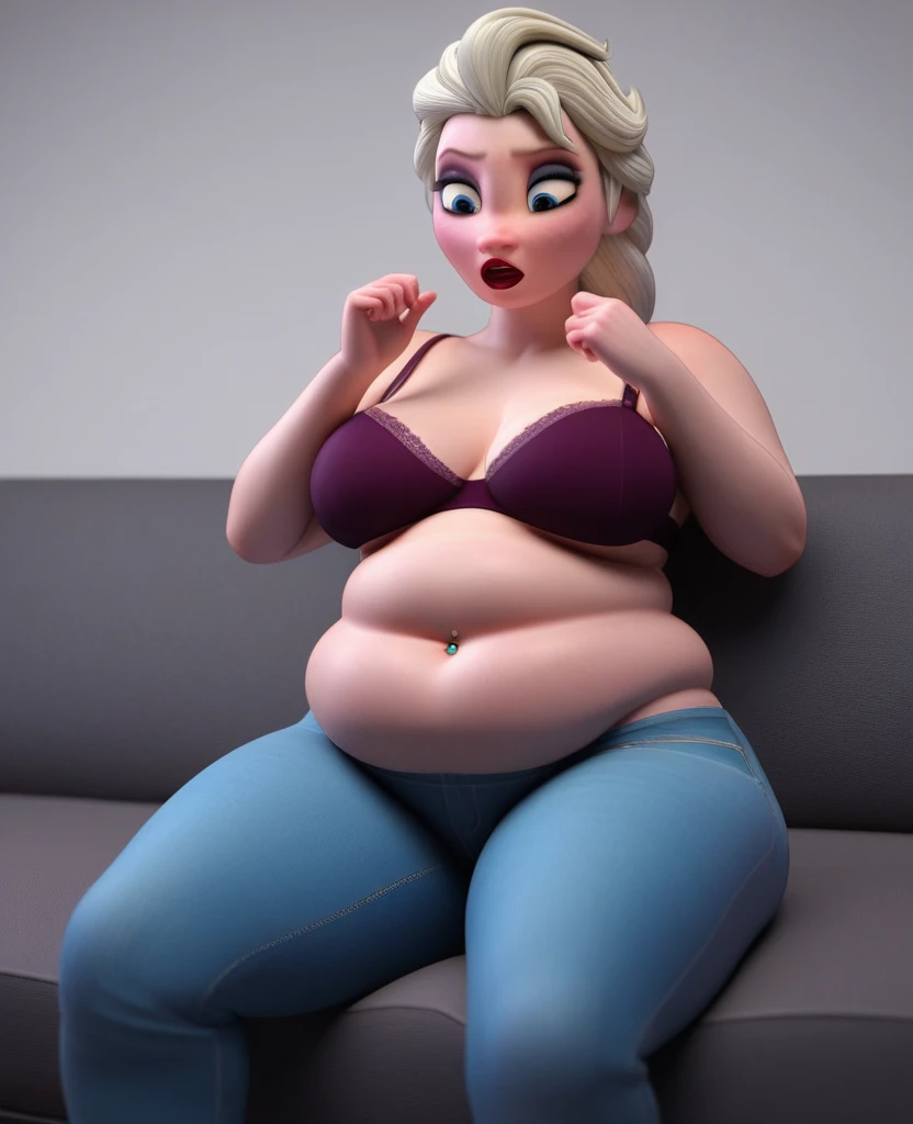 (( 3D, a slim and short Man,a Man pinching elsa's cheeks,A Man pinching and  touching Elsa's Belly )) ,Tall ,slim faced Surprised Elsa,literally gained a plump belly,Trying to wear jeans but they don't fit because she gained put on weight,fullbodyimage,Raised Eyebrows, Plump body,The button on the jeans does not close because of her belly,navel piercing, Plump Belly, Her Tight Jeans Cannot Cover Her Hips ,sit on the couch,Red Lips, eyes focus,jeans button popping,triangle body shaped,wearing a bra