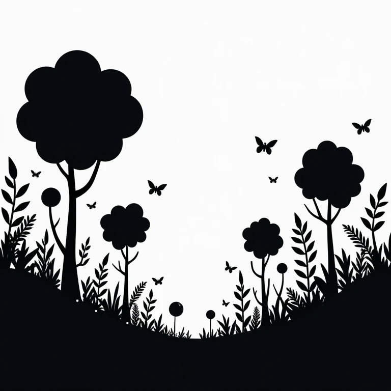 Silhouette of a forest, black and white colors, cartoonish style, conceptual illustration, artistic