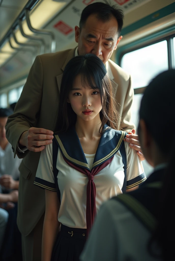 ((of the highest quality, 8k, RAW Photos, masterpiece :1.3)), (Realist、Realist:1.37)、Very detailed、ultra high resolution, (Professional lighting), ((from above:1.2)),((Full body photo)),big breasts、perfect face、Beautiful expression、White and navy blue sailor suit、beautiful face、pretty eyes、1 high school girl、beautiful girl、beautiful black hair、(not good、schoolgirl uniform、button down shirt:1.2、off the shoulder、Pleated mini skirt、pale pink lace panties）、(Inside a crowded train with sunlight coming in、A chubby middle-aged Japanese man hugs a high school girl from behind on a train)、((((A middle-aged man standing behind a woman.、the man reaches out his right hand and touches the woman&#39;upper part.：1.3、the man&#39;The left hand is touching the high school girl.&#39;his private parts with his fingers.：1.2、button down shirt：1.2))))、caress、fear expressions、blush、the man has a vulgar look、man squeezing the front of a woman's upper shirt,hugging girl from behind.Natural lighting, (direct light:0.4), 8mm film grain, photographed on a Sony a9 II, 24mm lens, f/2.8 aperture, Deep focus,