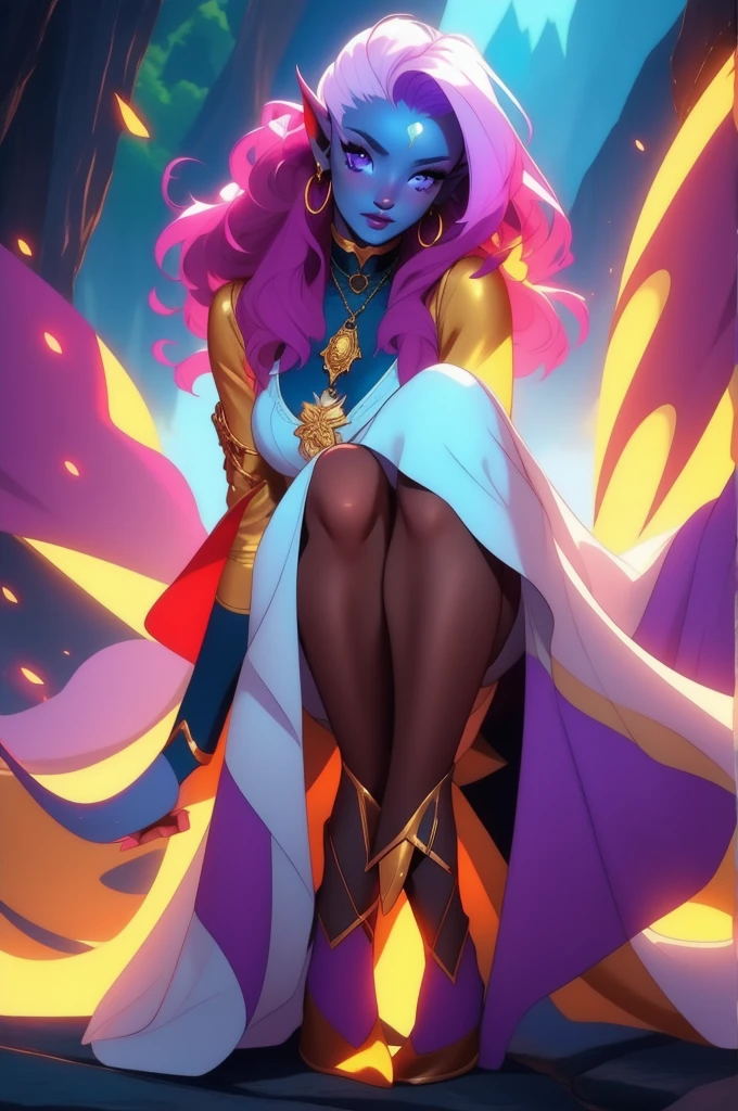 solo, mature female, Beautiful woman, 1girl, (purple skin:1.2), horns. midriff, gold filigree, diamond storm, impact scene, dress, belly dancer, demon tail, dress lift, wrapped in wings
BREAK
Jurrasic, jungle, High quality, Ultra high definition, 8k, hdr, masterpiece, volumetric lighting, Beautiful, forest, water, stars, foggy, fireflies, (((night,dark scene, dim lit))), highres, (man:1.3) staring at viewer <lora:GlowShine:1>