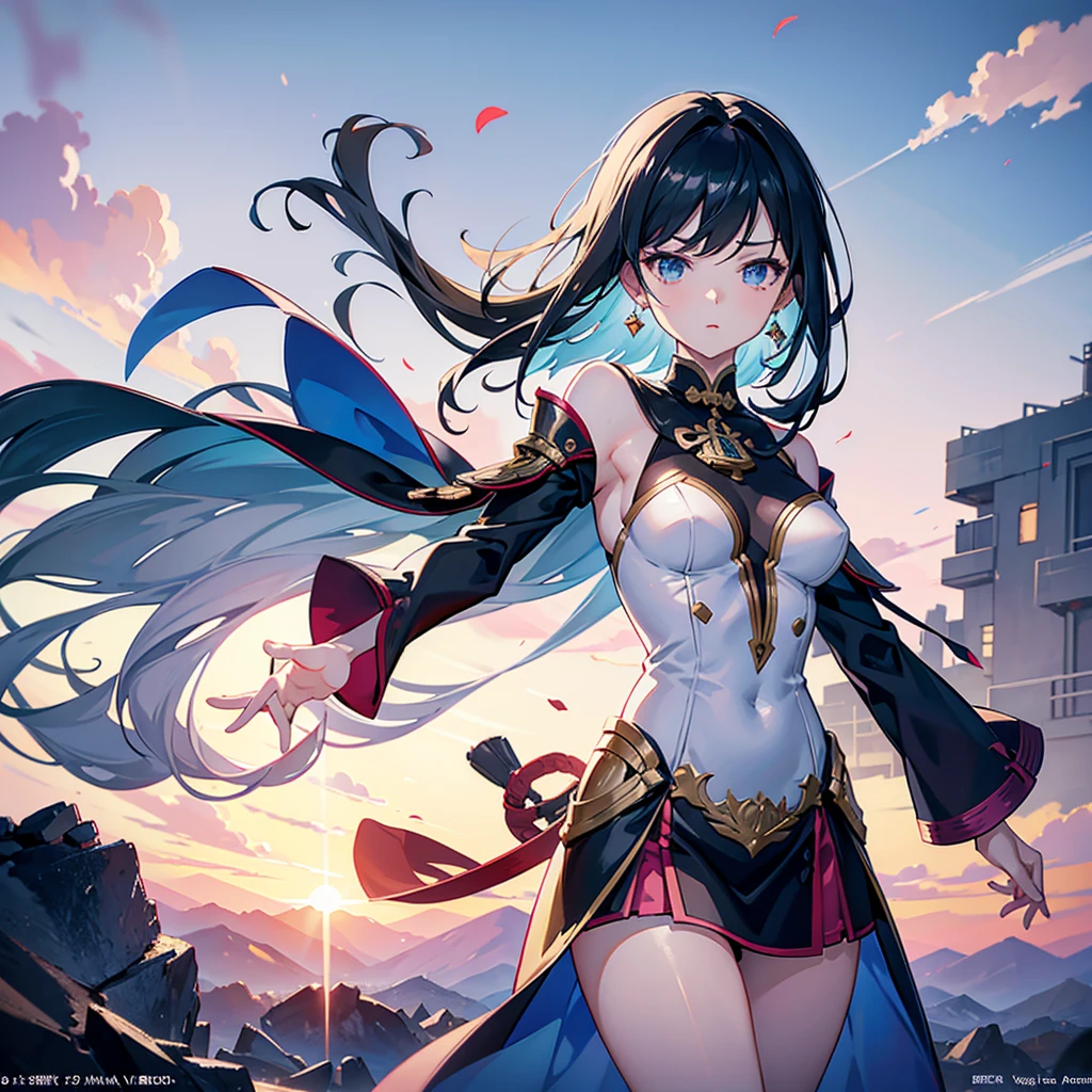 

A woman with short hair and a dynamic hairstyle, Wears a futuristic black and white outfit with gold and red accents, Includes armor-like shoulder pads and strategic fastenings. She puts one hand on her hip、Standing confidently with the other hand slightly extended。, Looking into the distance. The background shows a desolate landscape with broken high-rise buildings., Streets etc., Beautifully illuminated sky at sunset, Create a vibrant and warm atmosphere. Light comes from the left, Cast a dramatic shadow、emphasize her strength, Powerful pose. In a scene captured from a low angle、, Focus on her, The background is a bit blurred, Show a shallow depth of field.Anime girl in a short skirt and black top, Ayaka Genshin Impact, Amazing anime 8k, Best anime 4k konachan wallpaper, Trending on ArtStation and pixiv, Portrait of a female anime hero, Highly detailed official artwork, Female Action Anime Girl, Anime Wallpaper 4K, 4K Anime Wallpapers, anime art wallpaper 4k、One light blue teardrop-shaped earring on the left ear only.8、