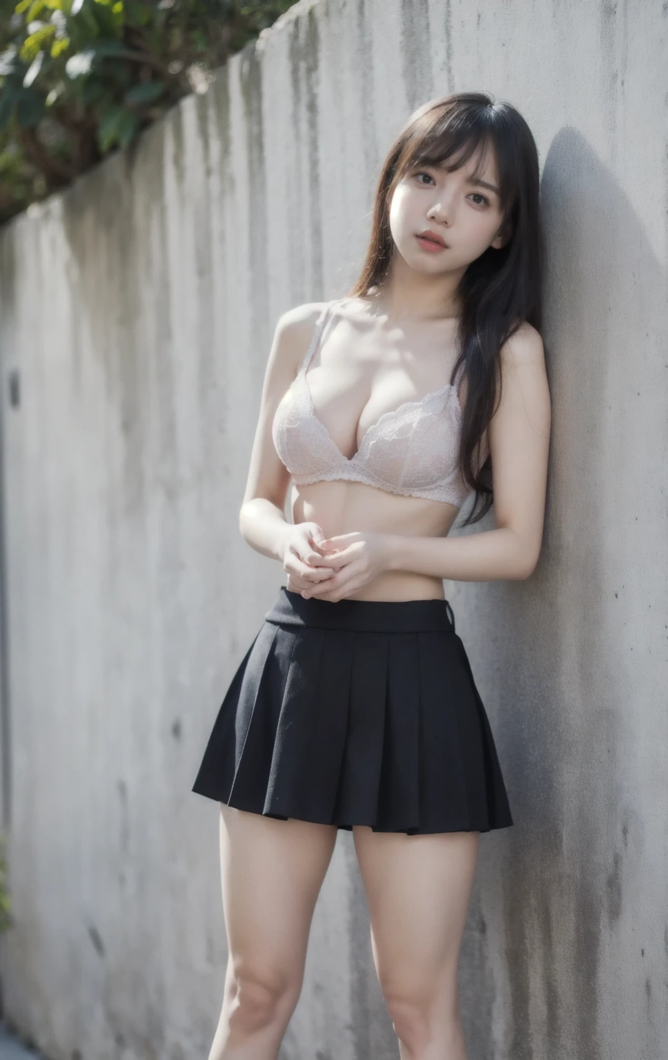 masterpiece,8K,Highest quality,Ultra-fine Illustration, The whole body is visible,Highly detailed face, Fine and glowing skin,Big eyes), (Long, straight black hair, Big Breasts: 1.2), (Shooting from below,Downward), Pretty face, 21 year old Japanese,Camisole dress,Lift up the skirt,Purple see-through panties,Big eyes, double eyelid，Embarrassed look,In the city, Covered nipples