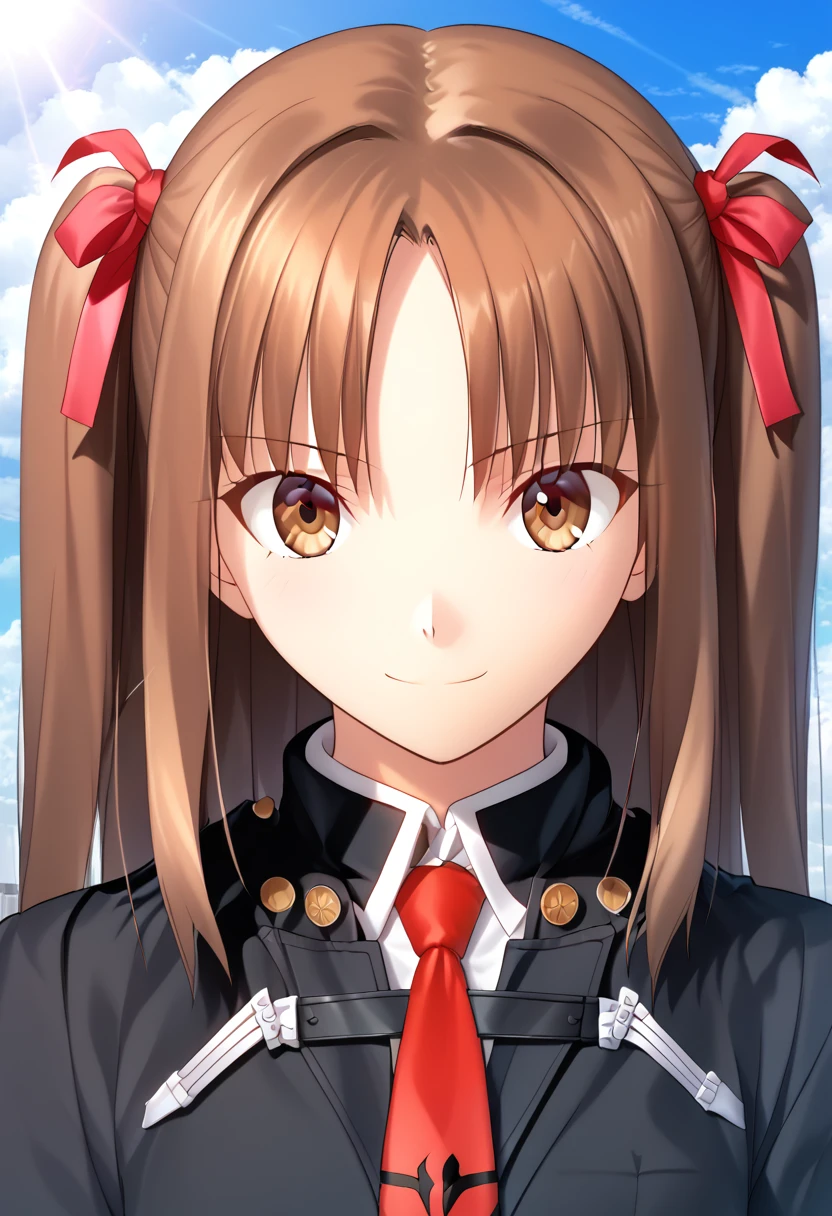 random photograph,masterpiece, absurdres, (high quality), (detailed lighting), detailed skin, detailed character design, ultra-high resolution, perfectly composed, clear, breathtaking attention to detail, highres, ultra detail, 8k wallpaper,girl,young,Yumizuka Satsuki, brown eyes, brown hair, parted bangs, sidelocks, two side up,young,Yumizuka Satsuki, brown hair, sidelocks, two side up,black cloak, red tie ribbon, black coat,high collar, black boots,  rondon city background, cloudy, solo focus, smile, close up, aya