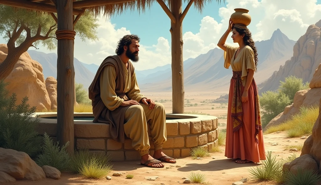 A light-skinned man, with Jewish features, with a beard and brown hair of 1.81 of athletic build dressed in a bone-colored tunic and sandals sitting in a stone well talking to a woman with a matte complexion and black hair dressed in a tunic and veil on her head and a vessel in her hands who is standing on a sunny day and nearby you can see a Samaritan village from the 1st century