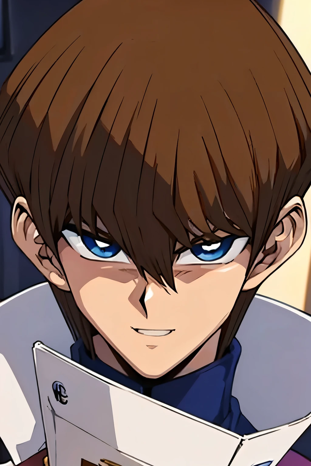 (masterpiece, best quality, ultra detailed), 1 boy, blue eyes, brown hair, man body, portrait shot, looking at the viewer, smiling expression, PROUD, Seto Kaiba, with a letter in his hand