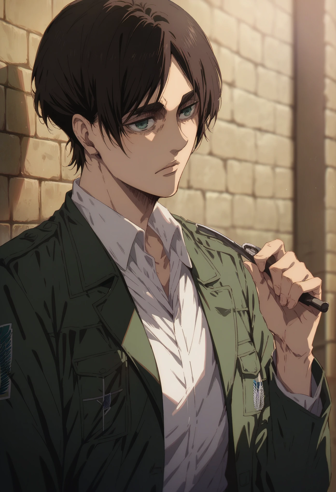 score_9, score_8_up, score_7_up,1 boy ,anime style,solo, eren yeager, shingeki no kyojin wall background, shingeki no kyojin unmilitary uniform, holding 2 shingeki no kyojin swods,shingeki no kyojin titans background