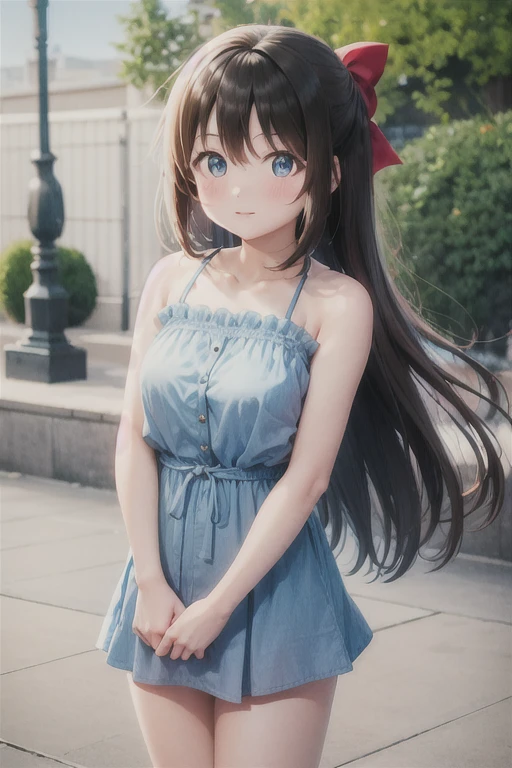 One Girl, Black Hair，length，Straight hair，Red hair ribbon，blue eyes，Shizuku Sakurazaka，cute，noon，Outdoor，Light blue camisole dress，blush，Standing posture