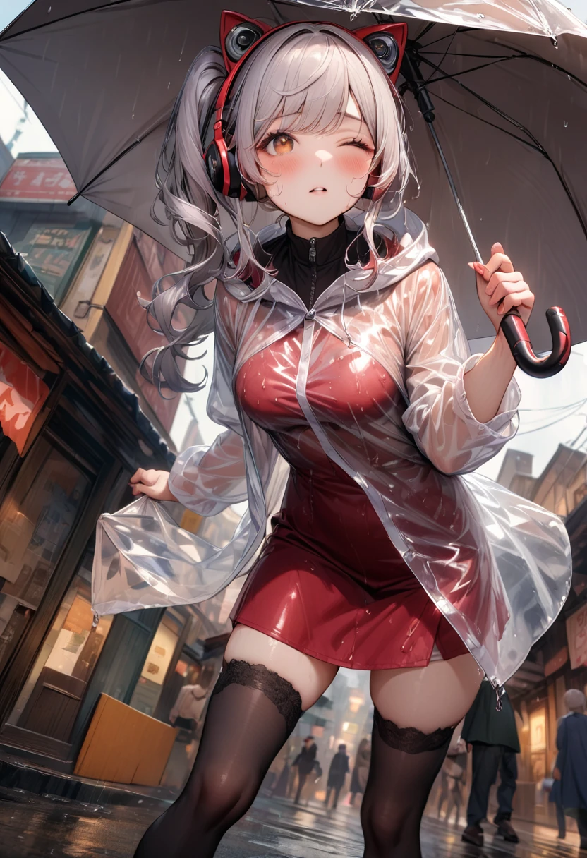 (best quality, masterpiece:1.2), 8k, very aesthetic, absurdres, high resolution, detailed face, official art, beautiful eyes, realistic, brown eyes, tareme, (side ponytail), long hair, silver hair, swept bangs, Mecha cat ears, headphone, food, (put on oversized Transparent raincoat), (red pencil dress, silk dress), Sleeves that cover the wrists, medium breasts, (cleavage:0.5), black thigh-highs, boots, (white panties, cameltoe:0.7), textured skin, BREAK zettai ryouiki, (hand holding umbrella), leaning forward, head tilt, one eye closed, parted lips, sigh, blush, sweaty, rain, full body, from below, (dutch angle:0.8), 