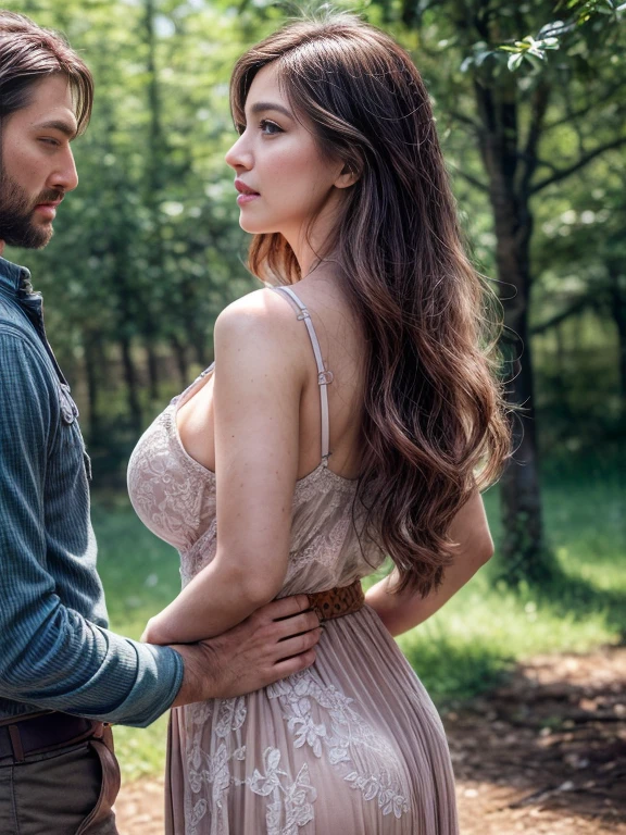 Farm Girl，in woods，(clinging to the tree:1.3)，(Being touched by men:1.5)，(Being stroked in the crotch of a man:1.1)，(Seen from the side)， （（（tmasterpiece）））， （（best qualtiy））， （（intricate detailes））， （（Ultra-realistic realism））， Ridiculous resolution， A MILF， Mature Woman， see -through， ighly detailed， illustratio， 1A MILF， （（Large breasts））， (pink areolae)，perfect hand， Detailed finger， Beautiful detailed eyes， wavy curly hair， with brown eye， Name badge， vd， （Peasant Women's Uniform：1.4）， (unbuttons)，(Chest leaks from clothes)， neck rings， 耳Nipple Ring， detailedbackground， in woods， perfect  eyes， mesmerizing eyes，cocked ass，Reddened face，(weeping:1.2)，confused eyes