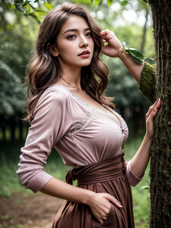 Farm Girl，in woods，(clinging to the tree:1.3)，(Being touched by men:1.5)，(Being stroked in the crotch of a man:1.1)，(Seen from the side)， （（（tmasterpiece）））， （（best qualtiy））， （（intricate detailes））， （（Ultra-realistic realism））， Ridiculous resolution， A MILF， Mature Woman， see -through， ighly detailed， illustratio， 1A MILF， （（Large breasts））， (pink areolae)，perfect hand， Detailed finger， Beautiful detailed eyes， wavy curly hair， with brown eye， Name badge， vd， （Peasant Women's Uniform：1.4）， (unbuttons)，(Chest leaks from clothes)， neck rings， 耳Nipple Ring， detailedbackground， in woods， perfect  eyes， mesmerizing eyes，cocked ass，Reddened face，(weeping:1.2)，confused eyes