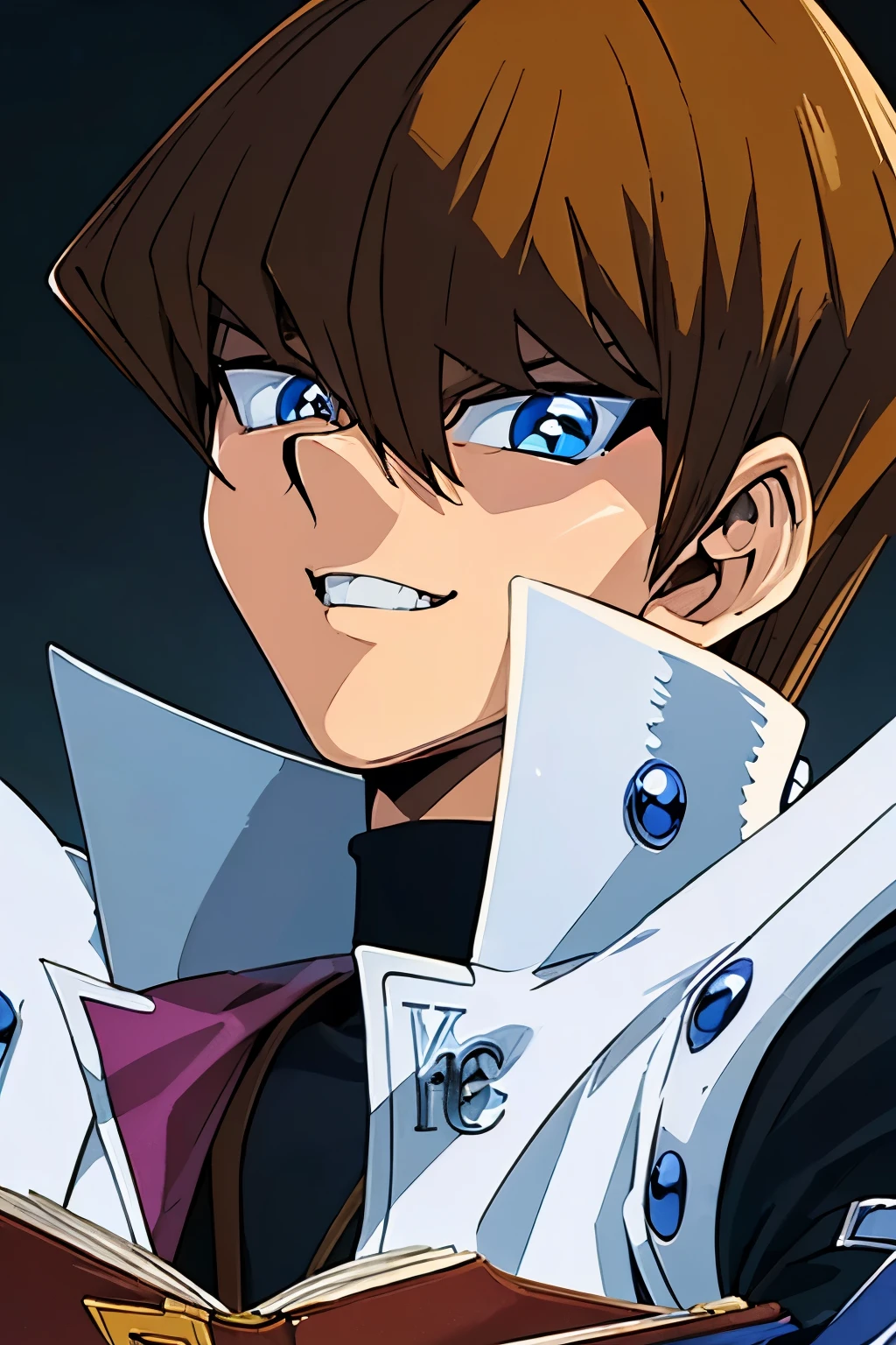 (masterpiece, best quality, ultra detailed), 1 boy, blue eyes, brown hair, man body, portrait shot, looking at the viewer, smiling expression, PROUD, Seto Kaiba, with a letter in his hand