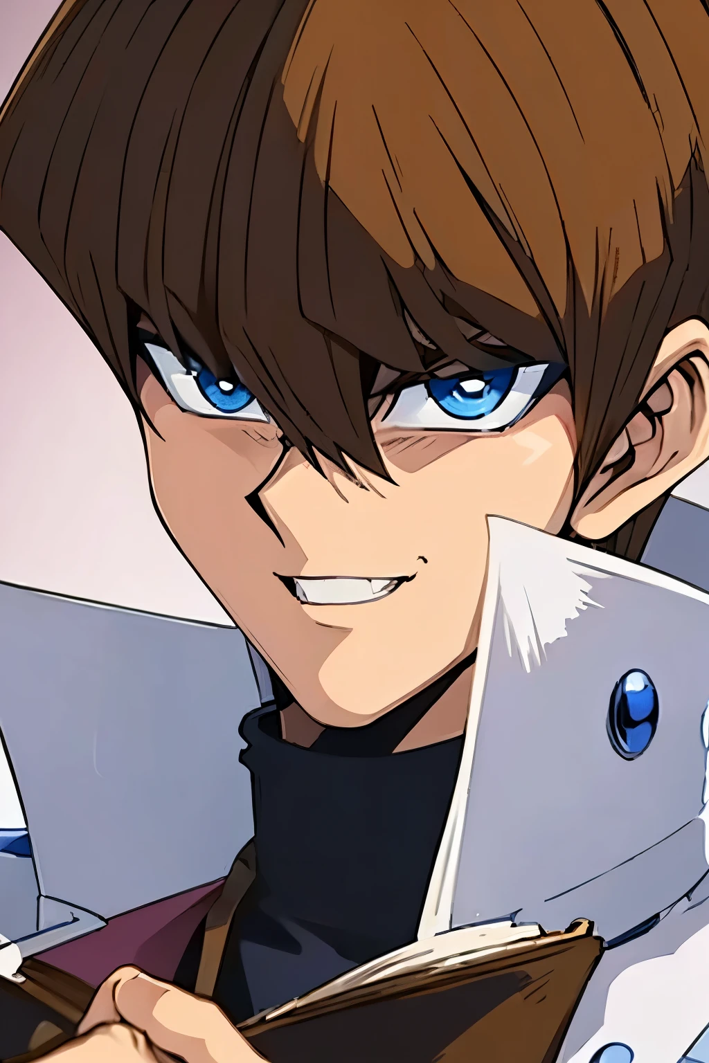 (masterpiece, best quality, ultra detailed), 1 boy, blue eyes, brown hair, man body, portrait shot, looking at the viewer, smiling expression, PROUD, Seto Kaiba, with a letter in his hand