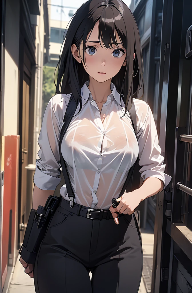 a woman in a suit, belt, hands behind back, sweating, suspenders, black pants, large breasts, see-through clothing, rain, detective, office worker, white button-up shirt, (best quality,4K,8k,highres,masterpiece:1.2),ultra-detailed,(realistic,photorealistic,photo-realistic:1.37),hyper-detailed,highly detailed face and body, Slender　thin　suspenders　Moderate breasts　See-through shirt　Nipples　holster　chain　Pistol　Armament　criminal　Female criminal　knife 　 Hands Behind Back　Constraints 程よい胸 黒いマスク
