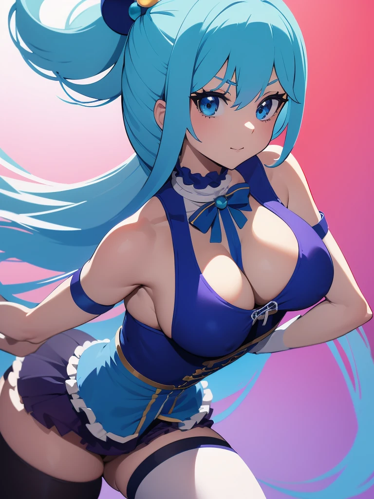 Aqua Konosuba, One белая девушка, bust, One, whole body, Long legs, press, slender body, beautiful eyes, Blue hair, (big breasts, a corset, micro bikini, Separate:1,4), (bare shoulders:1,2), masterpiece, very detailed, Look at the viewer, happy face, shiny blurry gray background, gradient background with splashes, foreground, gradient red purple background, blurred background, glowing edges of the image, (stockings: 1.3), (elbow length gloves: 1.2)