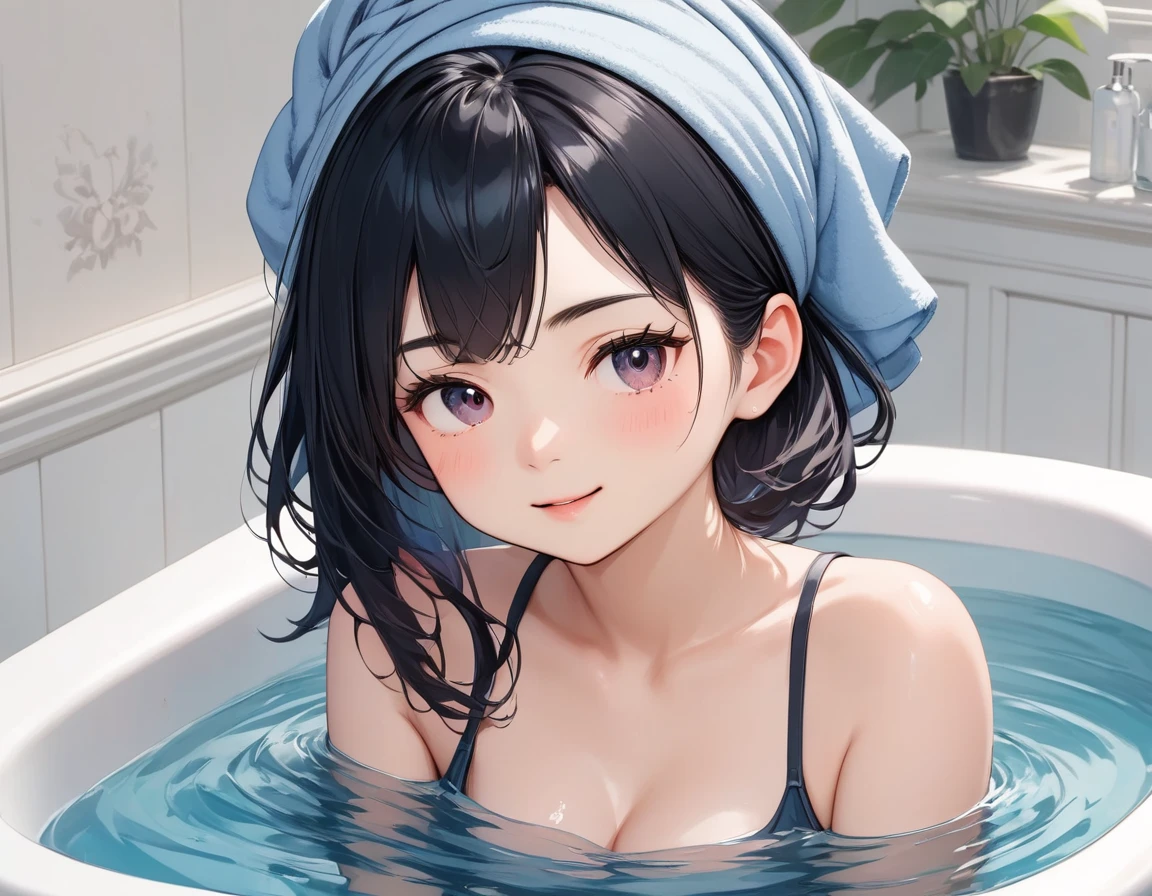 masterpiece, High resolution, perfect face, Korean beauty, 30 years old, beautiful face, bathroom, light purple bikini, embarrassed look, look at the camera, (top quality eyes), detailed texture, look at me, Married woman, cool women, (high resolution eyes), black hair, little curvy, take a bath

