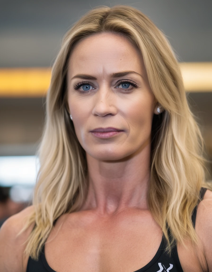 professional close-up portrait photography of the face of a beautiful ((ohwx bodybuilder woman)) at airport during Afternoon, Nikon Z9,Very Angry,