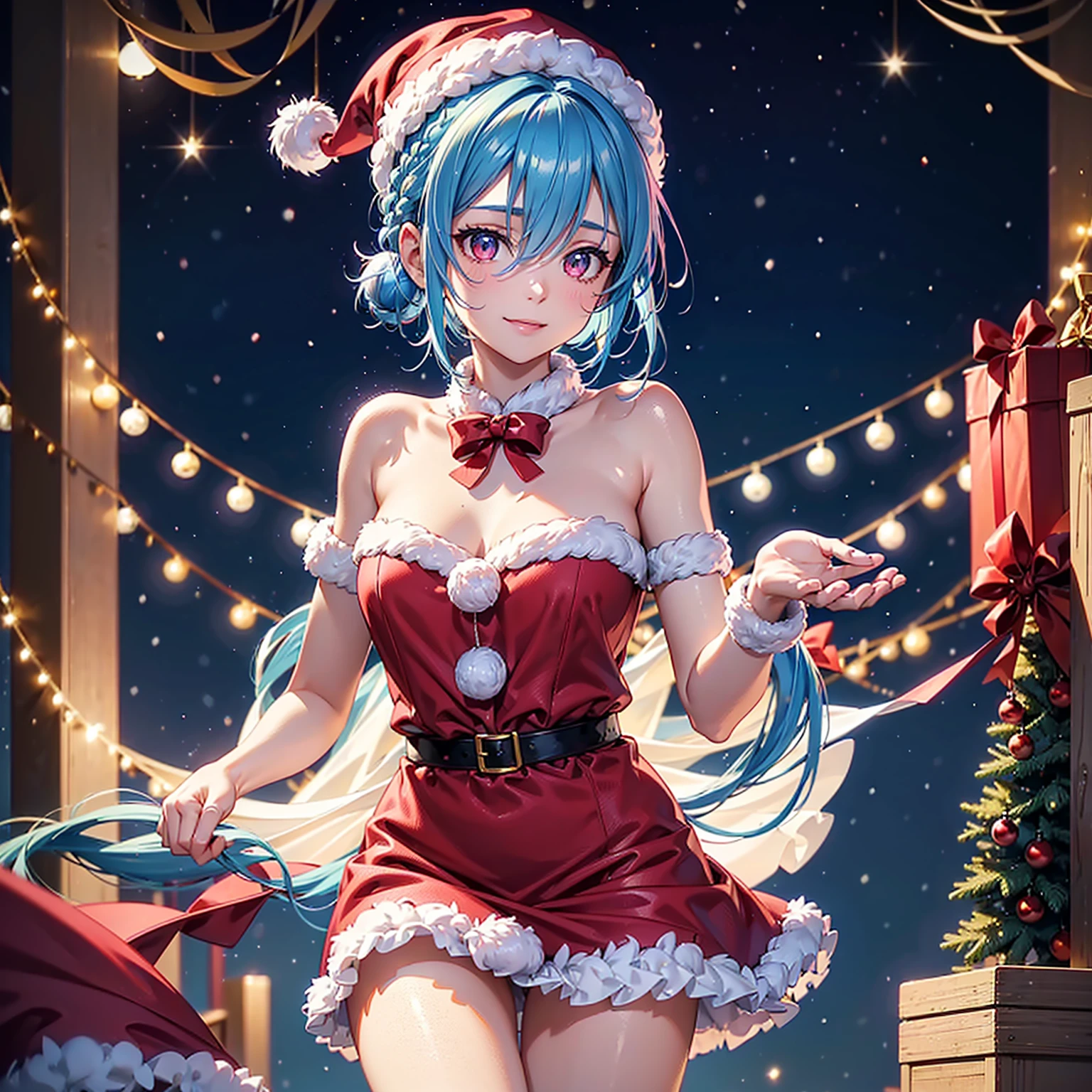 (Sky blue hair),(Braided Hair), (Pink Eyes),Fair skin) ,(whole body),(One Girl),(Gift boxes filling the background),(Santa Claus clothes),Santa Claus hat,(Christmas Party),(masterpiece, Highest quality, Very detailed, Best Shadow), (Detailed Background), (Beautifully detailed face), High Contrast, (Best lighting, Very delicate and beautiful), ((Cinematic Light)), Hyper Detail,8k, Dramatic Light, Intricate details,night,The background is a Western-style castle