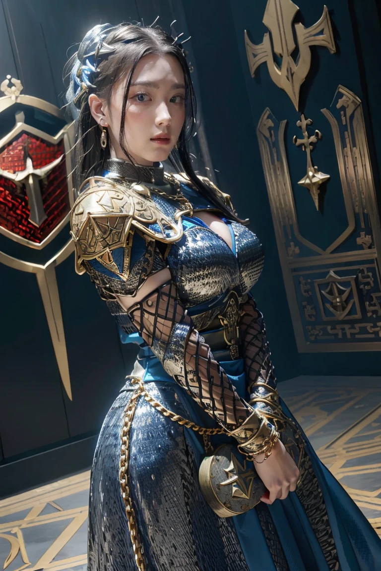 (masterpiece, best quality),  intricate details, 8k, artstation, wallpaper, official art, splash art, sharp focus,
1girl,  solo,  Aasimar \(Dungeon and Dragon setting\), black hair with blond at the highlight, bright blue left eye, and red right eye, ear pierces
,(Chain mail with Anvil emblem on it:1.3), ,wearing [armor|dress], 