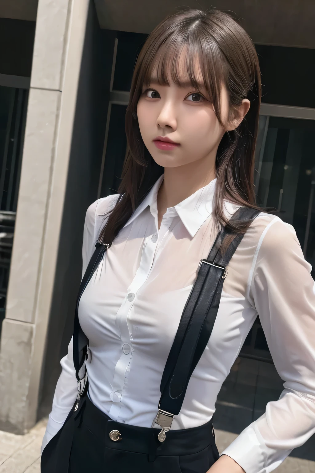 a woman in a suit, belt, hands behind back, sweating, suspenders, black pants, large breasts, see-through clothing, rain, detective, office worker, white button-up shirt, (best quality,4K,8k,highres,masterpiece:1.2),ultra-detailed,(realistic,photorealistic,photo-realistic:1.37),hyper-detailed,highly detailed face and body, Slender thin suspenders Moderate breasts See-through shirt Nipples holster chain Pistol Armament criminal Female criminal knife Hands Behind Back Constraints 程よい胸 黒いマスク
