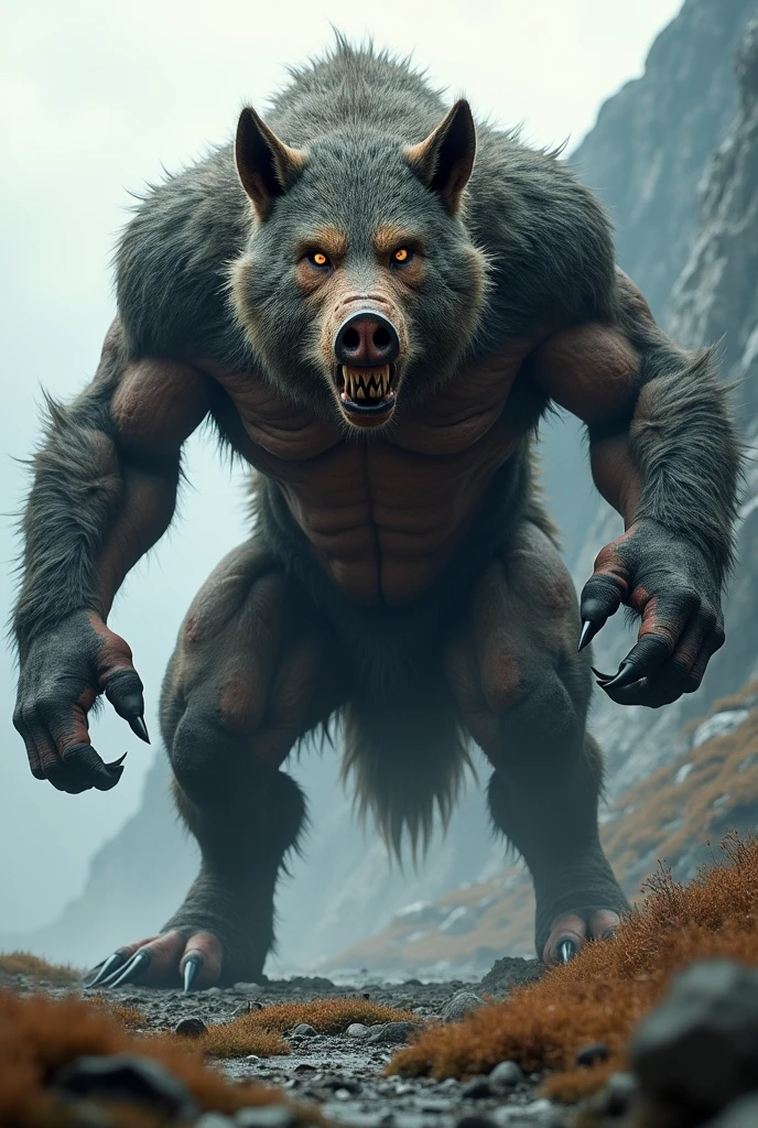 an enormous snow monster is standing on the ice, in the style of epic fantasy scenes, manticore, explosive wildlife, terragen, dark gray, caninecore, strong facial expression, realistic hyper-detailed rendering, hyper-realistic details, 32k uhd, masterpiece::, the creature is moving towards the snow and it's claws, 2d game art, mythical beasts, strong facial expression, national geographic photo, cold and detached atmosphere, salvator rosa, realistic hyper-detailed rendering, hyper-realistic details, 32k uhd, masterpiece::, photo, digital art, fantasy, the dark crystal movie style:: --v 5.2