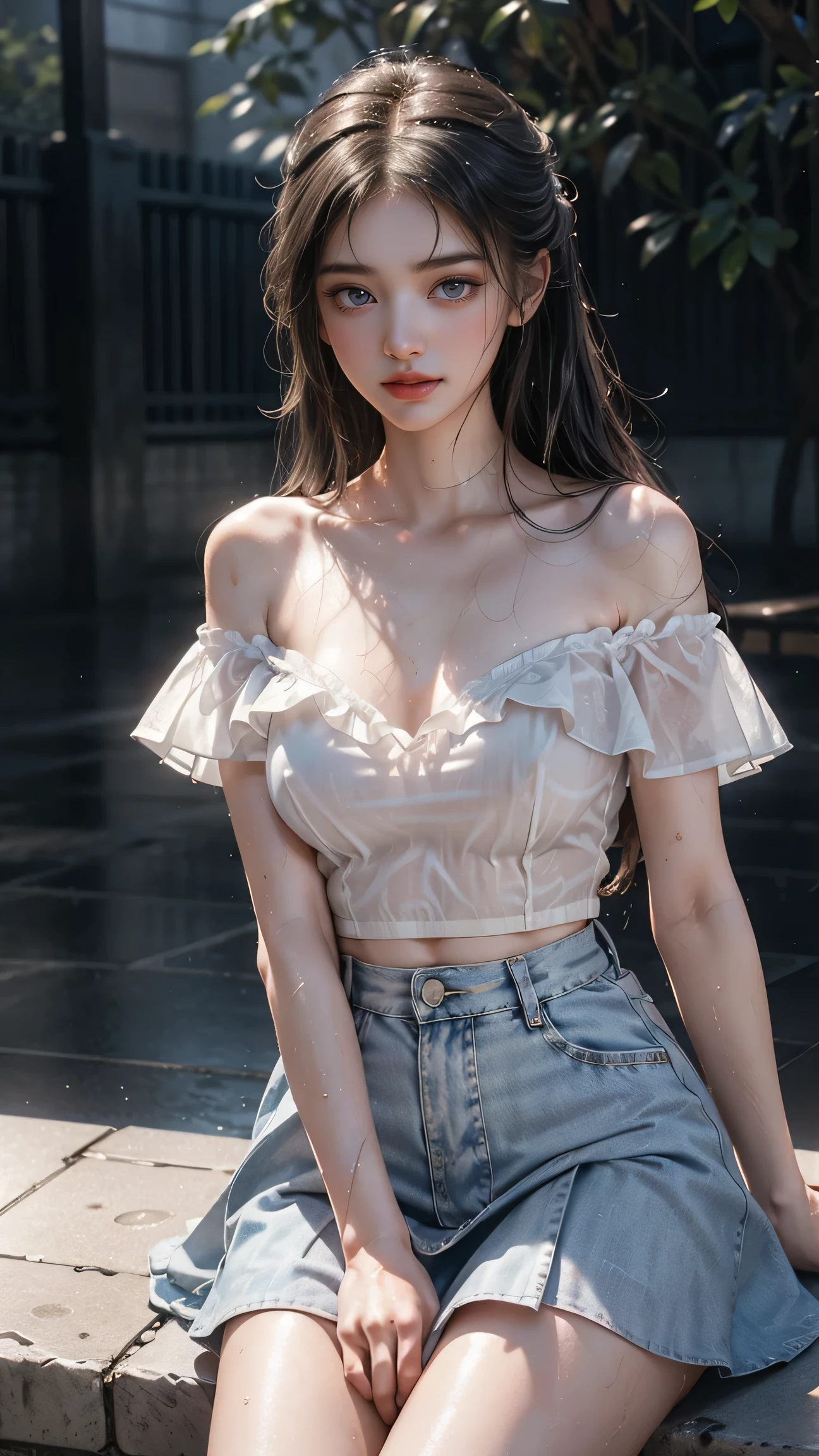 Raw photo, candid, textured skin, (dynamic pose), 1girl, slender body, pale skin, messy bun, heterochromia, freckles, smiling, see through, off-shoulder blouse, shorts, thick thighs, (wide thigh gap:1.2), rooftop, photorealistic, best quality, 8k, masterpiece