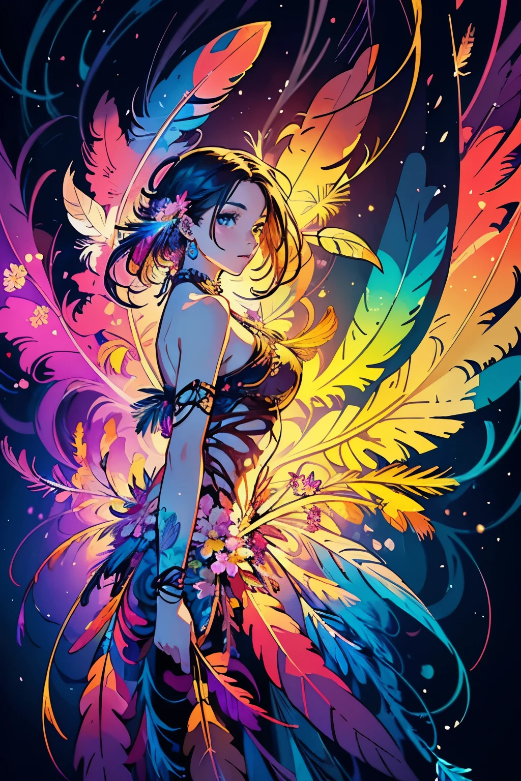Create digital artwork in the Pop Art style, Featuring a vibrant and confident young Asian girl,street fashion, Movie color scheme, Surrounded by vintage flower motifs, Vibrant brushstrokes,Emotions should be dynamic, full body, long legs, Drawing, illustration, escala cinza, tropical, Many flowers,