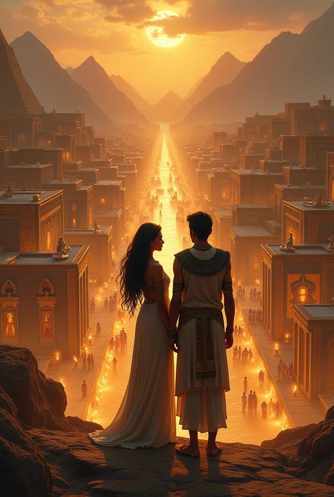 Create an image of Moses leaving Egypt and marrying a shepherdess in the desert