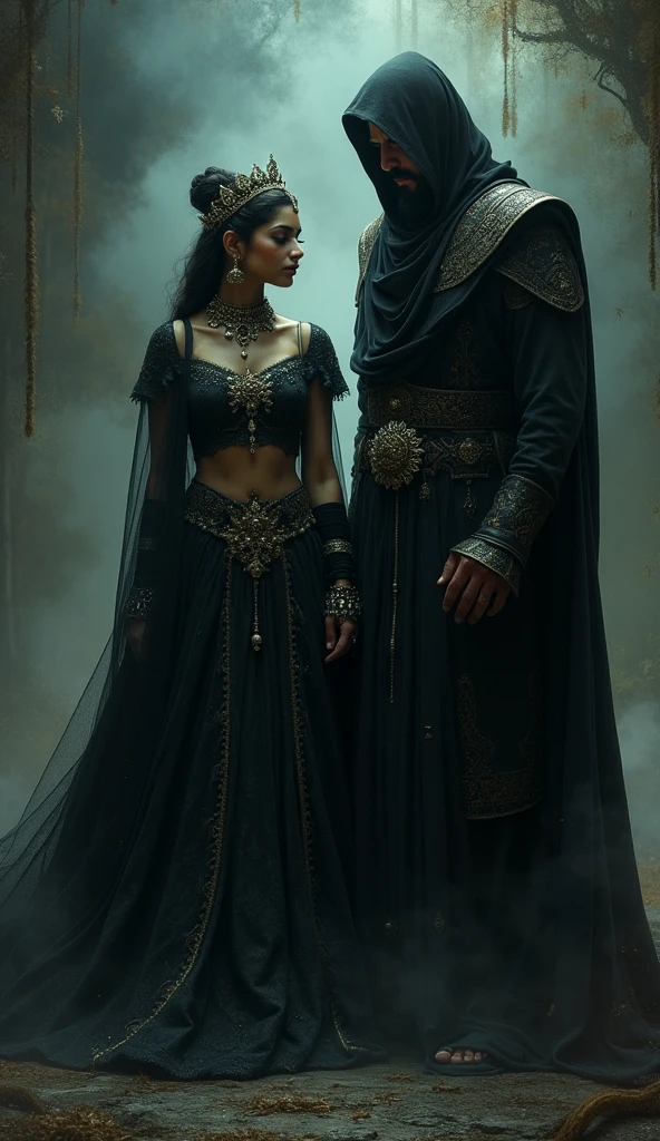 Por favor, create an image with an Exu using a black top hat, next to him a beautiful Pombagira with a red dress and to complement the trio, a black child wearing a black hooded cape