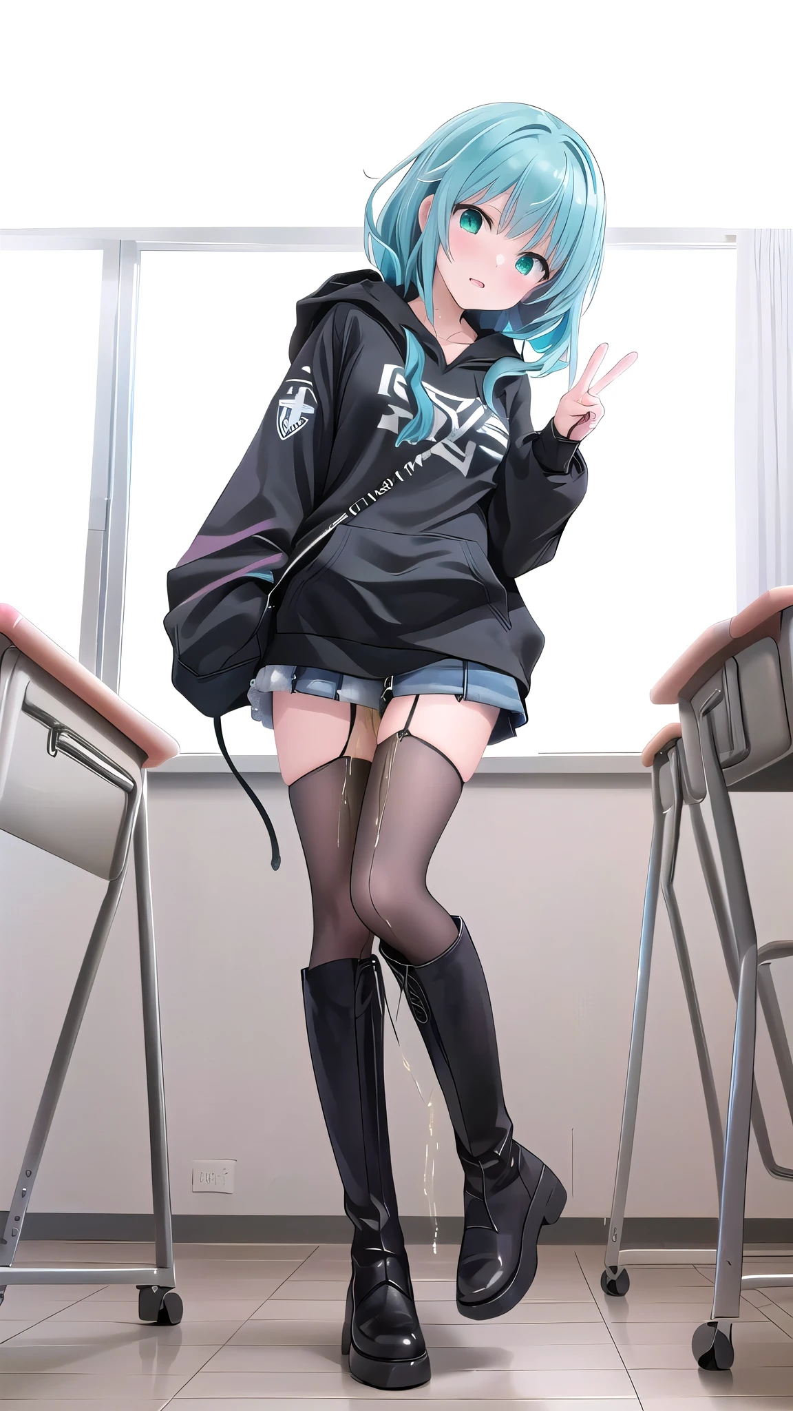 Anime Girl with black hair and green eyes making a peace sign, Goshintai, Anime Girl with teal hair, Anime style 4k, Anime cute art style, 2DAnime style, Best Anime 4K Konachan Wallpapers, Anime Characters, Anime atmosphere, an Anime Girl, Anime style, Night Core, (Anime Girl), Anime style肖像，hoodie，Black short hall scene，Black leather boots，Vibrator in thigh high stockings，Thigh vibrator，Shy，classroom，peeing self